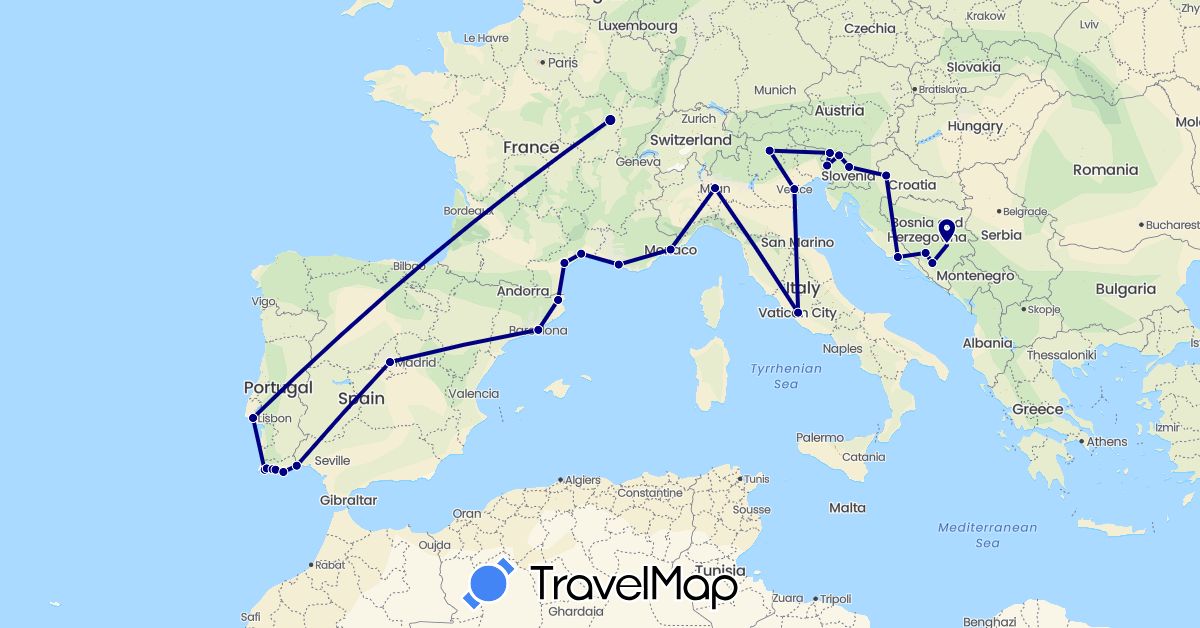 TravelMap itinerary: driving in Bosnia and Herzegovina, Spain, France, Croatia, Italy, Monaco, Portugal, Slovenia (Europe)